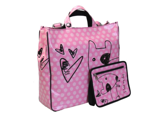 PINK MAXI TOTE BAG "I LOVE MY DOG". MODEL AIRSTONE MADE OF LORRY TARPAULIN.