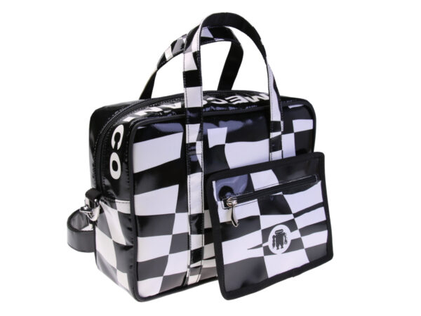 ....BLACK AND WHITE RECTANGULAR WOMEN'S BAG. MODEL PINCA MADE OF LORRY TARPAULIN.