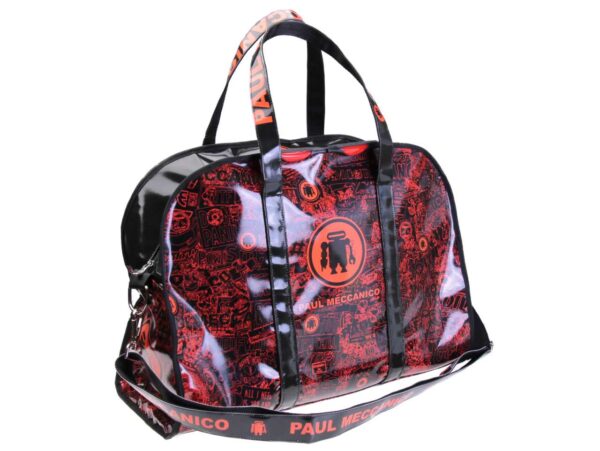 LARGE TRAVEL OR SPORTS BAG BLACK AND RED WITH GRAFFITI FANTASY. MODEL RAID MADE OF LORRY TARPAULIN.