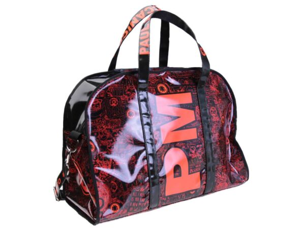 LARGE TRAVEL OR SPORTS BAG BLACK AND RED WITH GRAFFITI FANTASY. MODEL RAID MADE OF LORRY TARPAULIN.