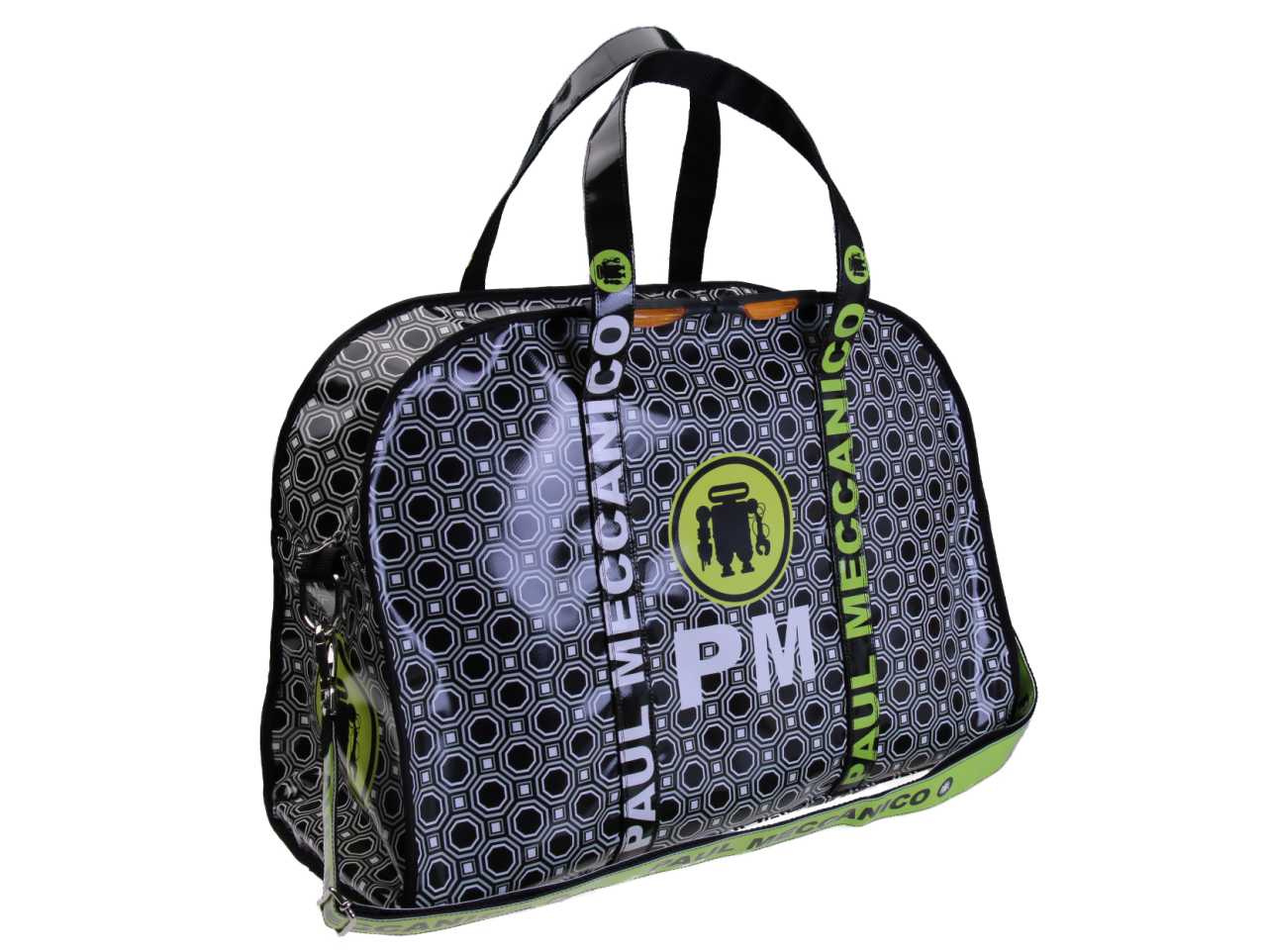 BLACK AND WHITE LARGE TRAVEL OR SPORTS BAG WITH GEOMETRIC FANTASY. MODEL RAID MADE OF LORRY TARPAULIN.