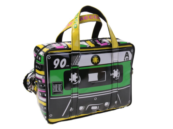 RECTANGULAR WOMEN'S BAG "MUSICASSETTE". MODEL PINCA MADE OF LORRY TARPAULIN.