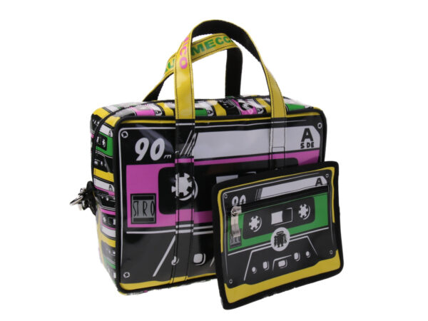 RECTANGULAR WOMEN'S BAG "MUSICASSETTE". MODEL PINCA MADE OF LORRY TARPAULIN.