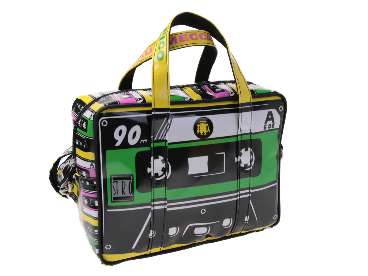 RECTANGULAR WOMEN'S BAG "MUSICASSETTE". MODEL PINCA MADE OF LORRY TARPAULIN.