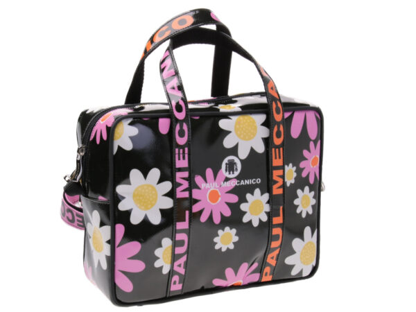BLACK RECTANGULAR WOMEN'S BAG FLORAL FANTASY. MODEL PINCA MADE OF LORRY TARPAULIN.