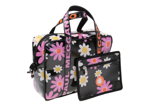 BLACK RECTANGULAR WOMEN'S BAG FLORAL FANTASY. MODEL PINCA MADE OF LORRY TARPAULIN.