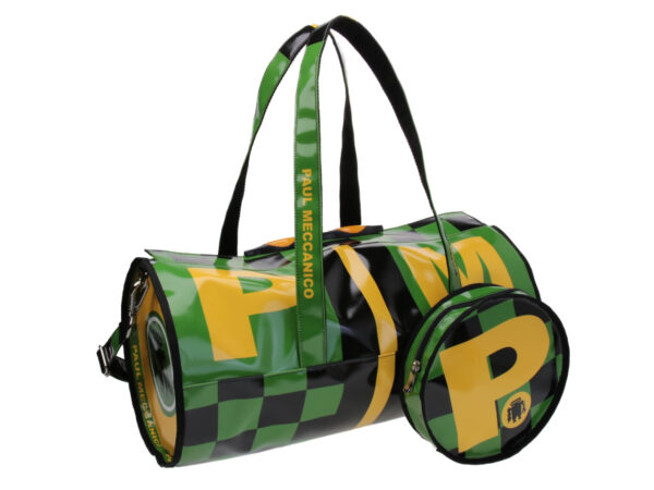 SPORTY BOSTON BAG DARK GREEN, BLACK AND YELLOW. MODEL ROLLING MADE OF LORRY TARPAULIN.