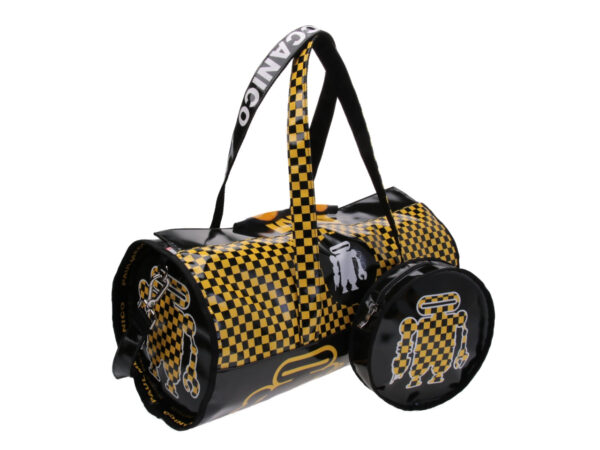 SPORTY BOSTON BAG BLACK AND YELLOW "GRAND PRIX STYLE". MODEL ROLLING MADE OF LORRY TARPAULIN.