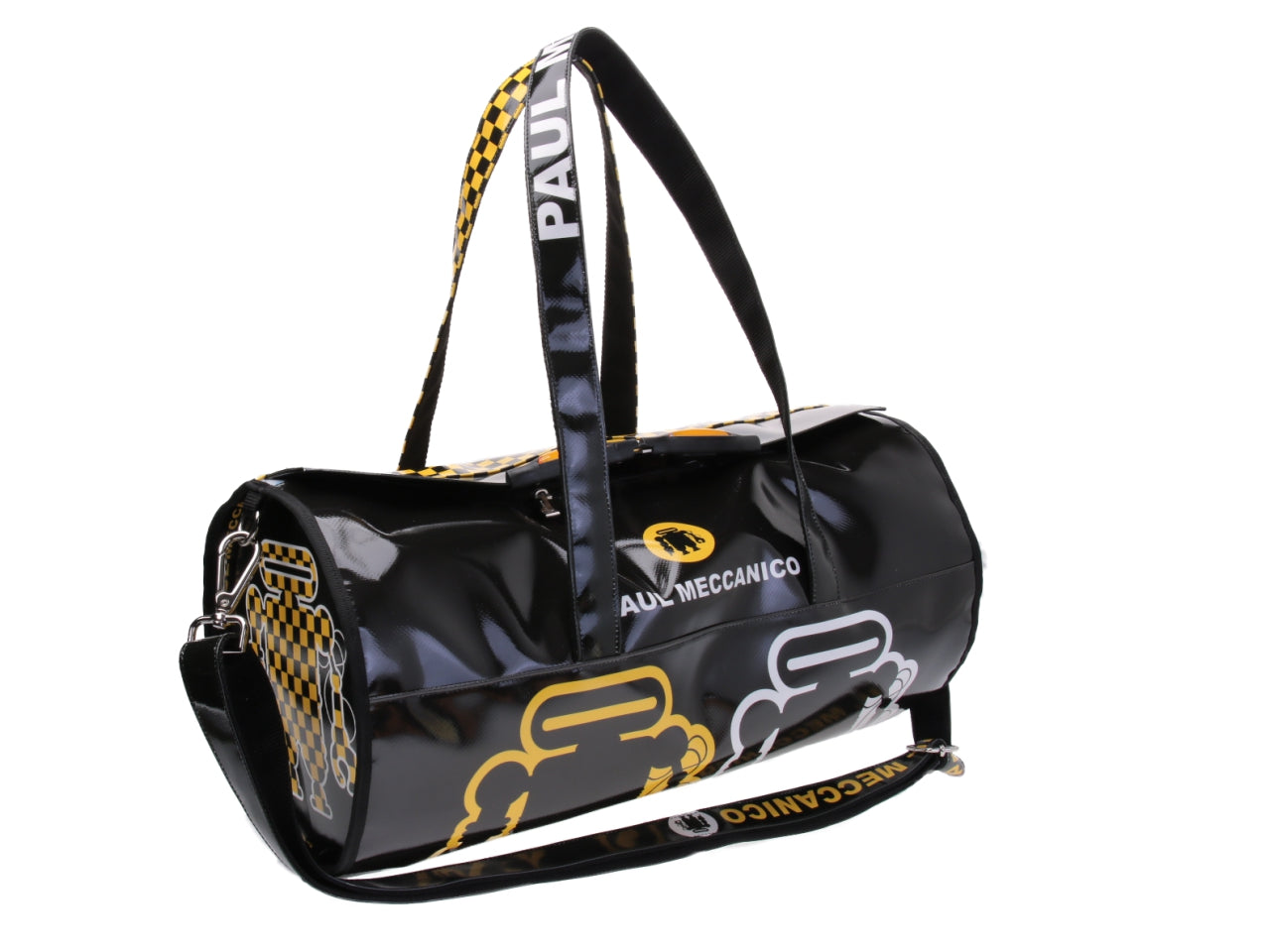 SPORTY BOSTON BAG BLACK AND YELLOW "GRAND PRIX STYLE". MODEL ROLLING MADE OF LORRY TARPAULIN.