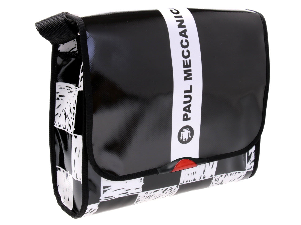 BLACK AND WHITE CROSSBODY BAG WITH CHESS FANTASY. MODEL BREAK MADE OF LORRY TARPAULIN.