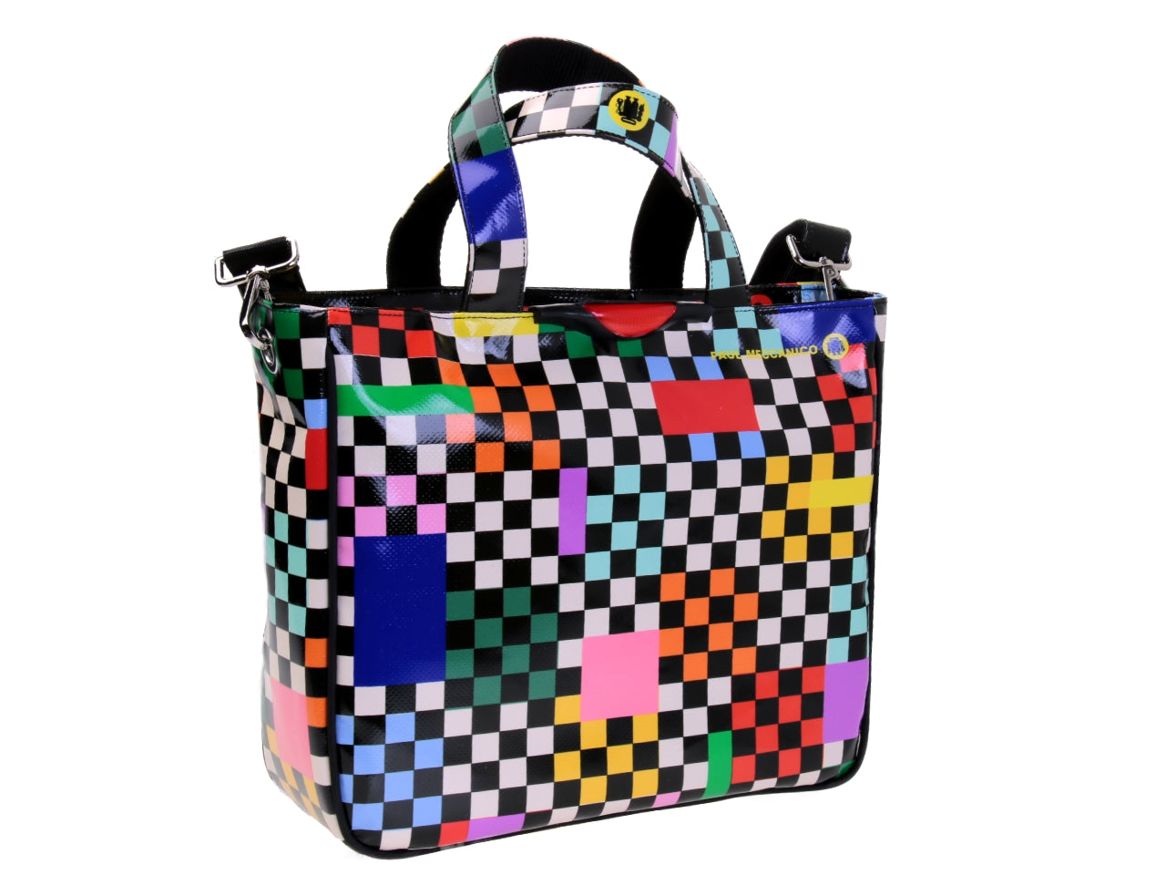MULTICOLOR TOTE BAG WITH CHESS FANTASY. MODEL GLAM MADE OF LORRY TARPAULIN.