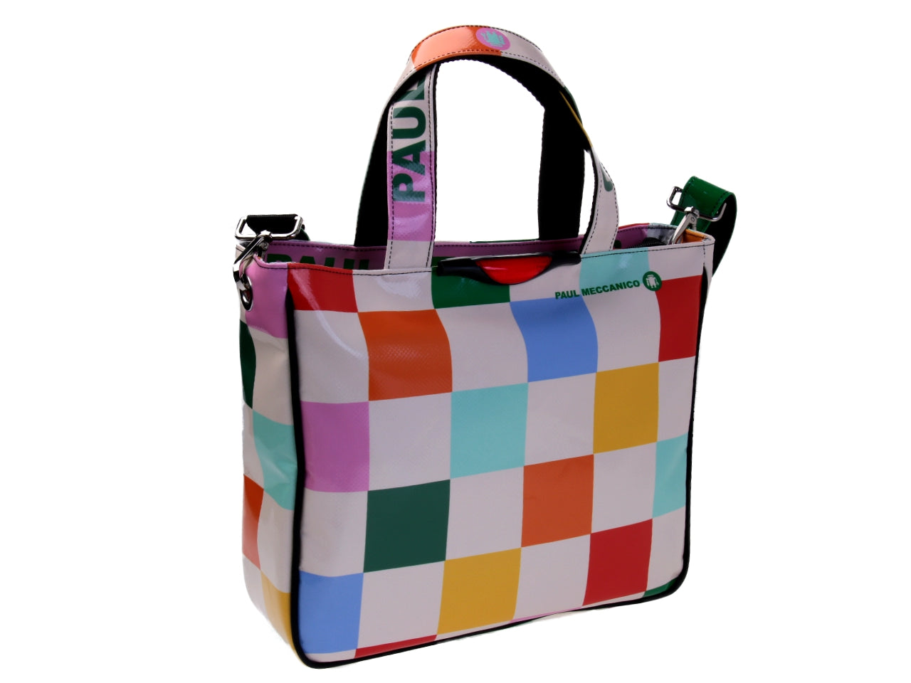 MULTICOLOR TOTE BAG WITH CHESS FANTASY. MODEL GLAM MADE OF LORRY TARPAULIN.