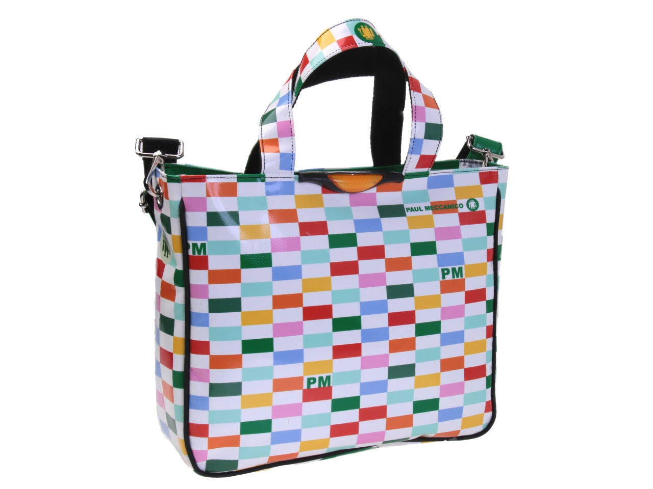 MULTICOLOR TOTE BAG WITH GEOMETRIC FANTASY. MODEL GLAM MADE OF LORRY TARPAULIN.