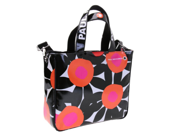 BLACK AND WHITE TOTE BAG FLORAL FANTASY. MODEL GLAM MADE OF LORRY TARPAULIN.