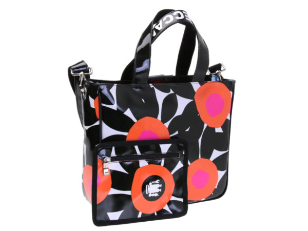 BLACK AND WHITE TOTE BAG FLORAL FANTASY. MODEL GLAM MADE OF LORRY TARPAULIN.