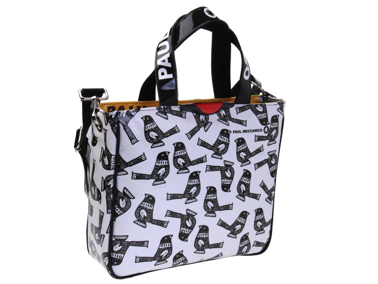 BLACK AND WHITE TOTE BAG "BIRDS". MODEL GLAM MADE OF LORRY TARPAULIN.