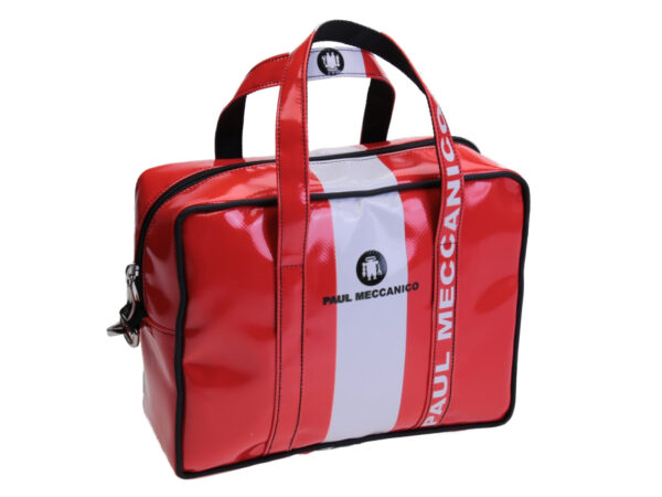 RED AND WHITE RECTANGULAR WOMEN'S BAG. MODEL PINCA MADE OF LORRY TARPAULIN.