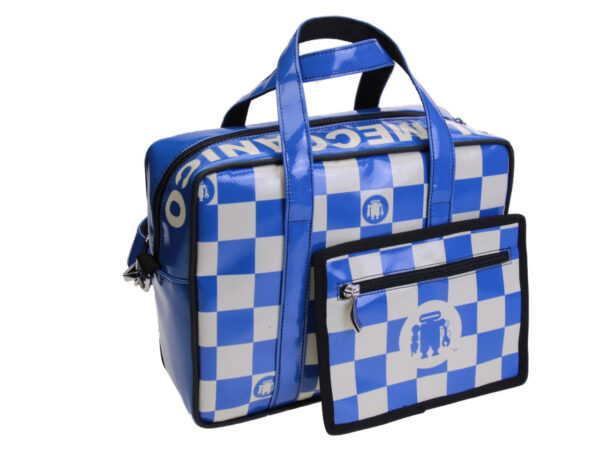 LIGHT BLUE AND WHITE RECTANGULAR WOMEN'S BAG WITH CHESS FANTASY. MODEL PINCA MADE OF LORRY TARPAULIN.