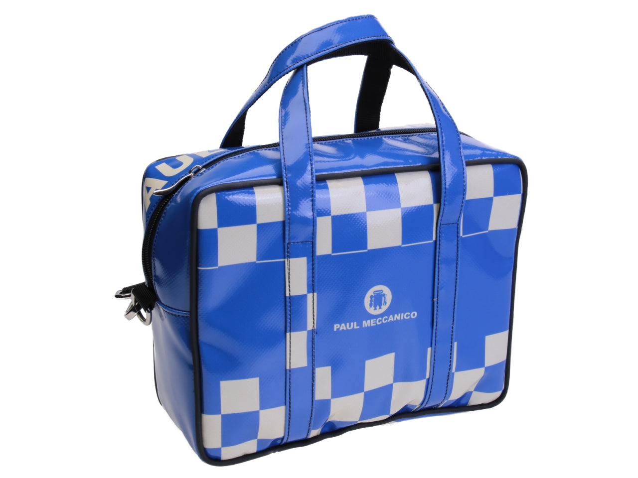 LIGHT BLUE AND WHITE RECTANGULAR WOMEN'S BAG WITH CHESS FANTASY. MODEL PINCA MADE OF LORRY TARPAULIN.