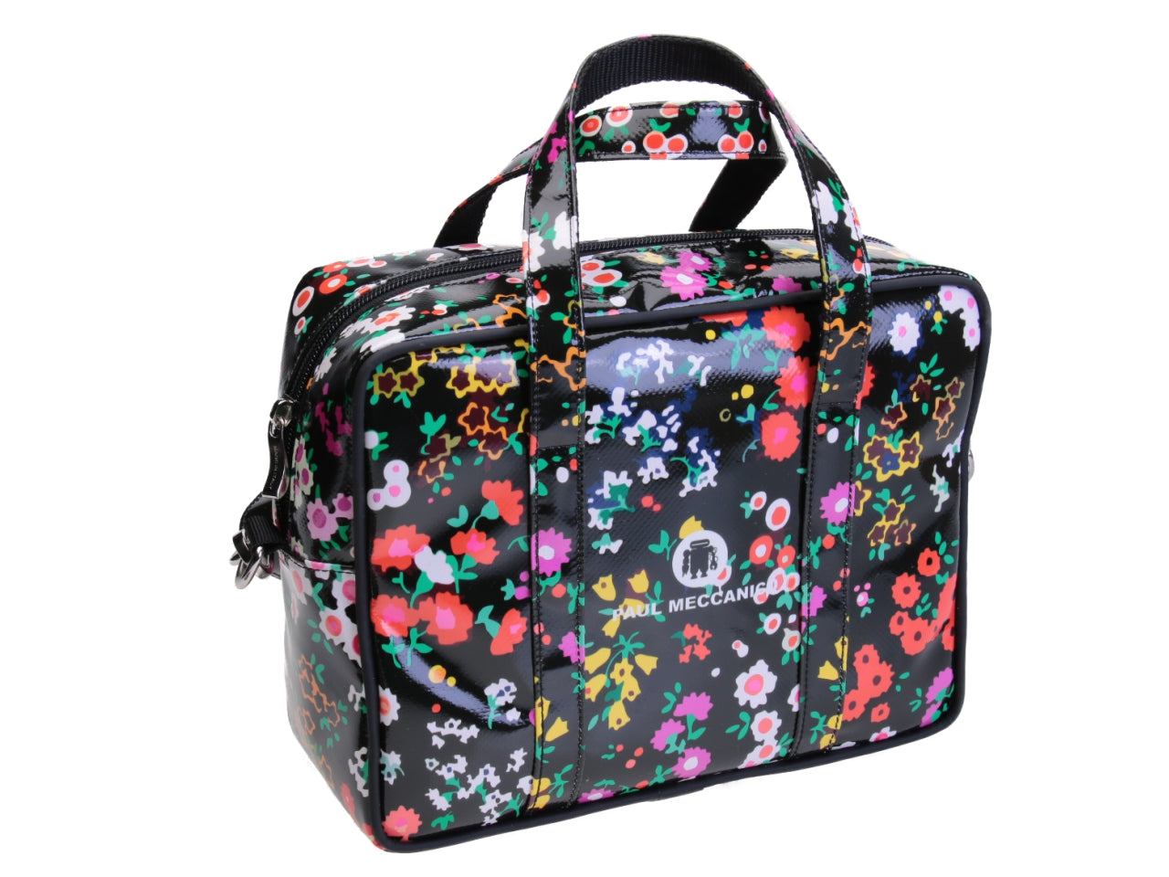 BLACK RECTANGULAR WOMEN'S BAG WITH FLORAL FANTASY. MODEL PINCA MADE OF LORRY TARPAULIN.