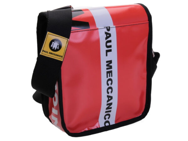 RED AND WHITE CROSSBODY BAG. MODEL MIPOK MADE OF LORRY TARPAULIN.