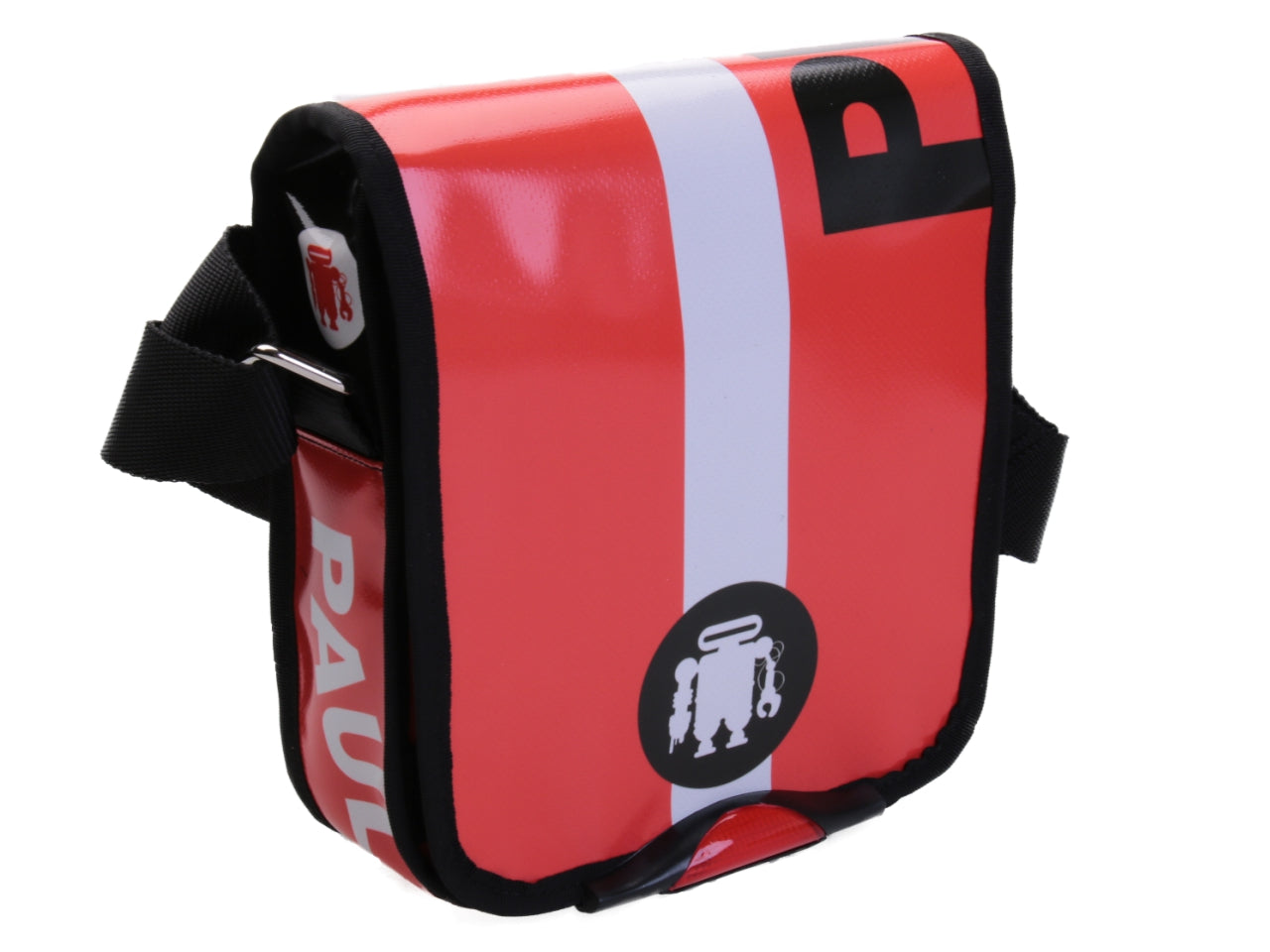 RED AND WHITE CROSSBODY BAG. MODEL MIPOK MADE OF LORRY TARPAULIN.