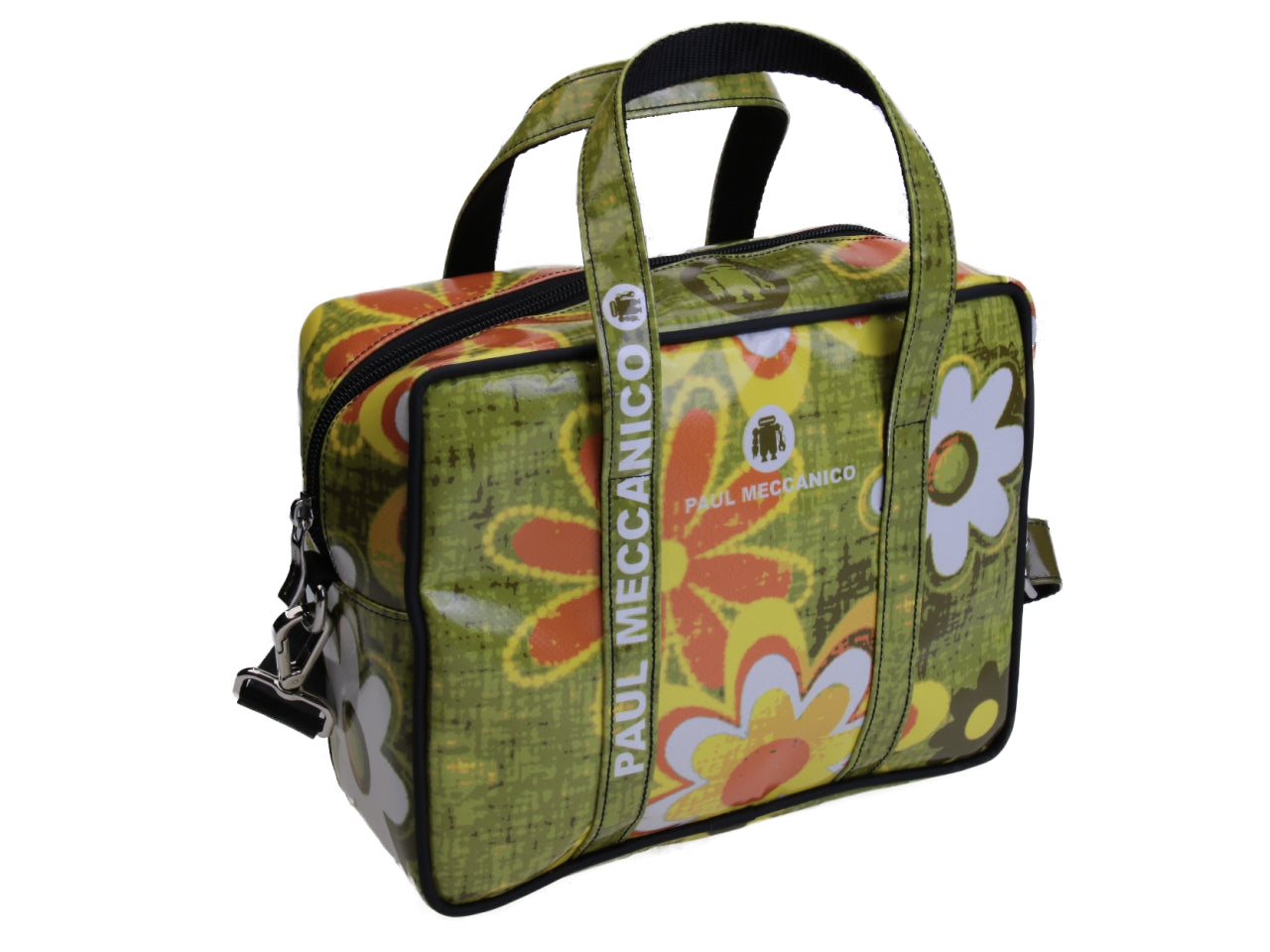 GREEN RECTANGULAR WOMEN'S BAG WITH FLORAL FANTASY. MODEL PINCA MADE OF LORRY TARPAULIN.