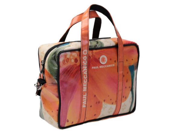 RECTANGULAR WOMEN'S BAG ORANGE AND BEIGE COLOURS WITH FLORAL FANTASY. MODEL PINCA MADE OF LORRY TARPAULIN.