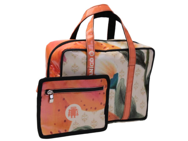 RECTANGULAR WOMEN'S BAG ORANGE AND BEIGE COLOURS WITH FLORAL FANTASY. MODEL PINCA MADE OF LORRY TARPAULIN.