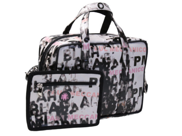 RECTANGULAR WOMEN'S BAG OFF WHITE COLOUR "BLA BLA BLA". MODEL PINCA MADE OF LORRY TARPAULIN.