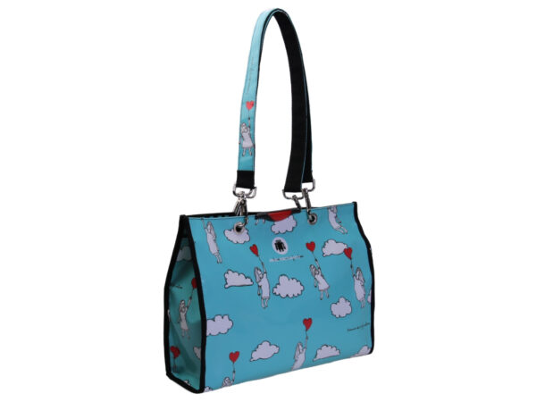 SHOPPER BAG LIGHT BLUE COLOUR "L' AMORE FA VOLARE". MODEL PEPE MADE OF LORRY TARPAULIN.