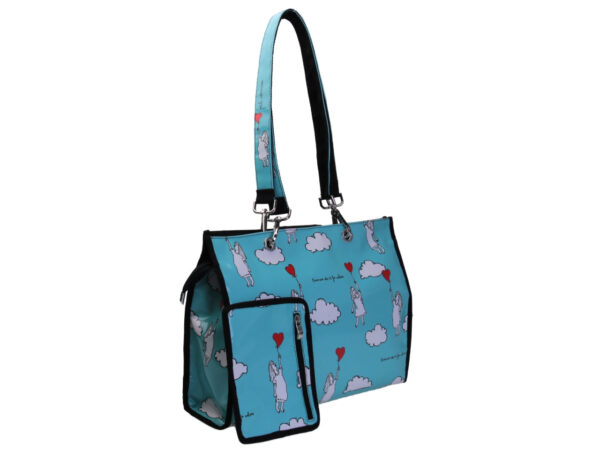 SHOPPER BAG LIGHT BLUE COLOUR "L' AMORE FA VOLARE". MODEL PEPE MADE OF LORRY TARPAULIN.