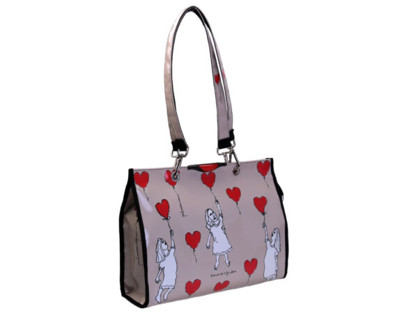 BEIGE SHOPPER BAG "L' AMORE FA VOLARE". MODEL PEPE MADE OF LORRY TARPAULIN.
