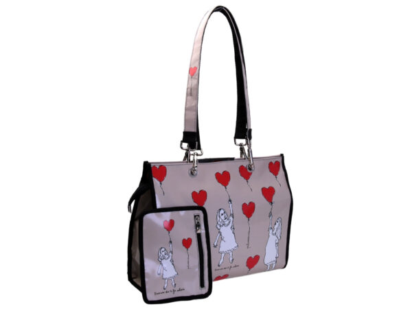 BEIGE SHOPPER BAG "L' AMORE FA VOLARE". MODEL PEPE MADE OF LORRY TARPAULIN.