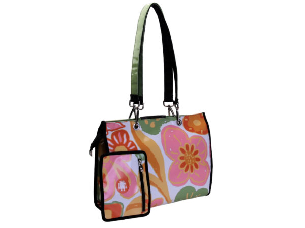 SHOPPER BAG WHITE COLOUR FLORAL FANTASY. MODEL PEPE MADE OF LORRY TARPAULIN.