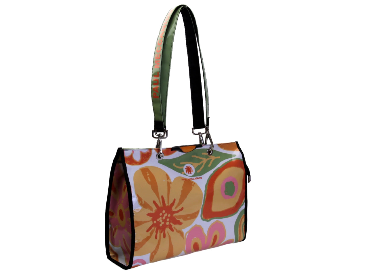 SHOPPER BAG WHITE COLOUR FLORAL FANTASY. MODEL PEPE MADE OF LORRY TARPAULIN.