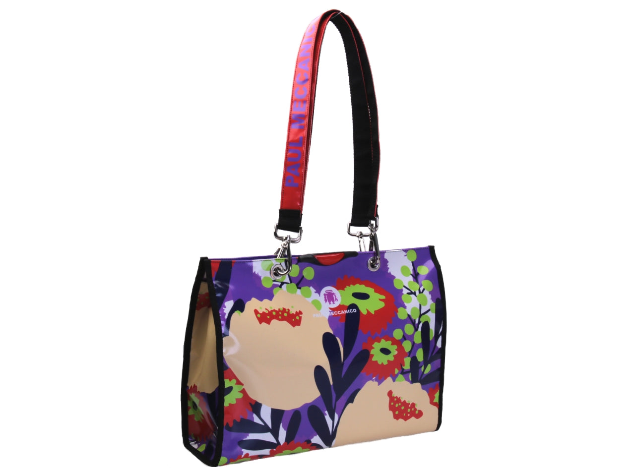 SHOPPER BAG VIOLET COLOUR FLORAL FANTASY. MODEL PEPE MADE OF LORRY TARPAULIN.