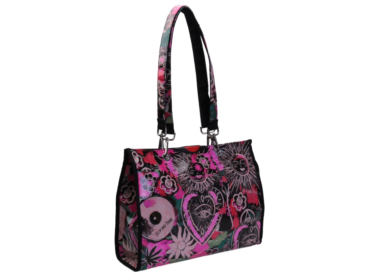 FUCHSIA SHOPPER BAG TROPICAL FANTASY. MODEL PEPE MADE OF LORRY TARPAULIN.