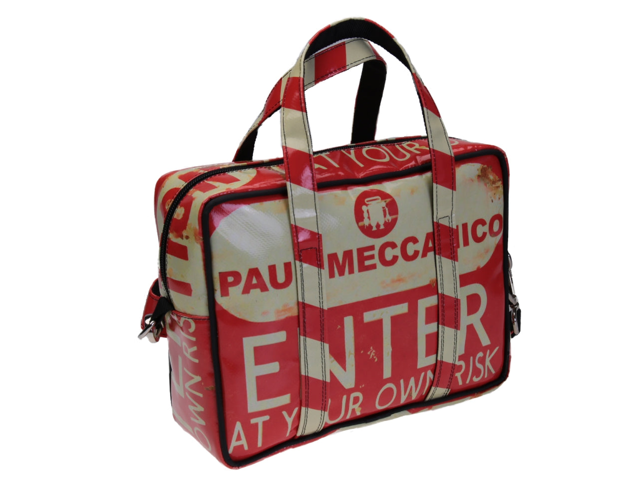 RECTANGULAR WOMEN'S BAG "ENTER AT YOUR OWN RISK". MODEL PINCA MADE OF LORRY TARPAULIN.