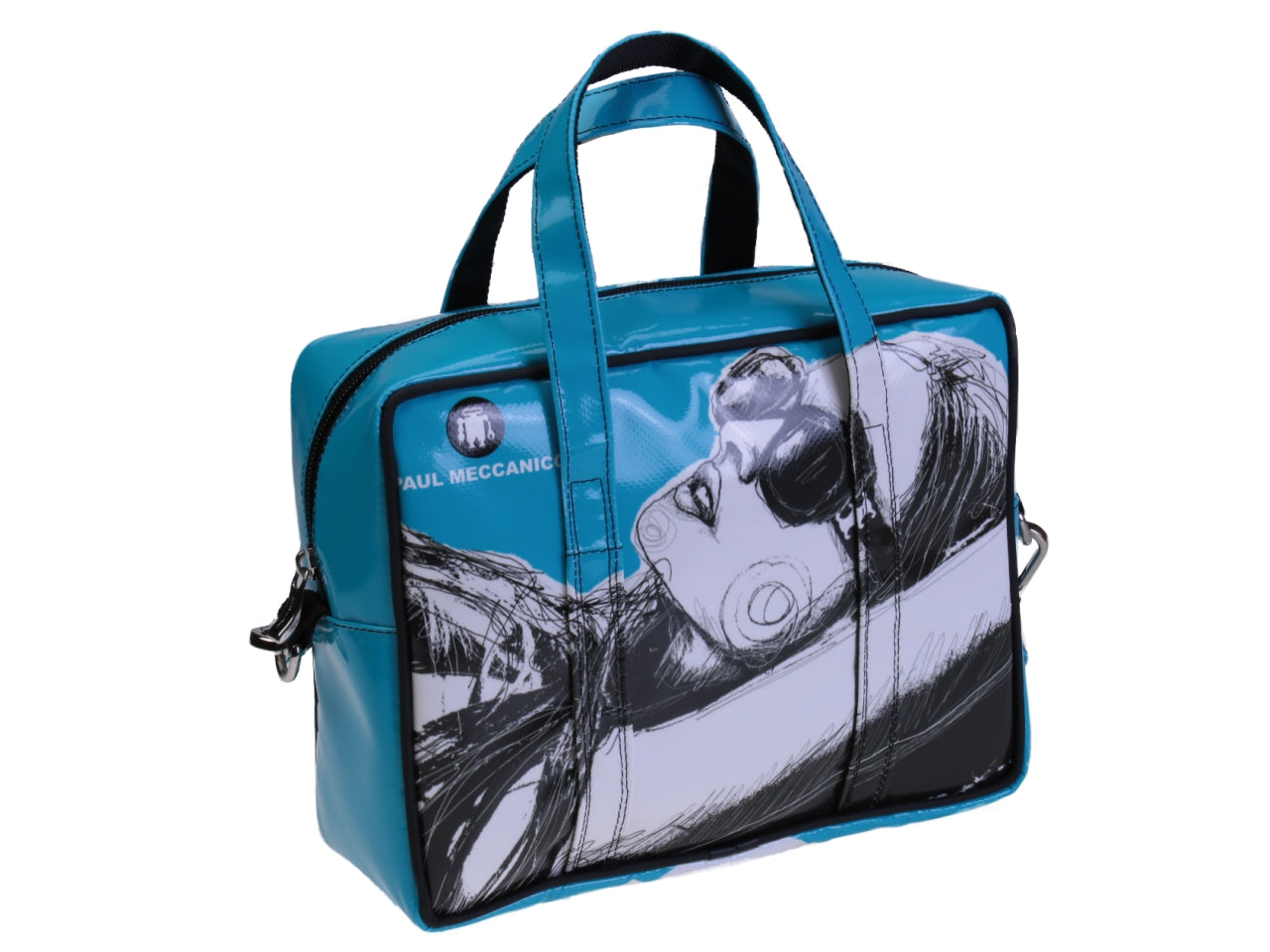 LIGHT BLUE RECTANGULAR WOMEN'S BAG "DOODLE". MODEL PINCA MADE OF LORRY TARPAULIN.