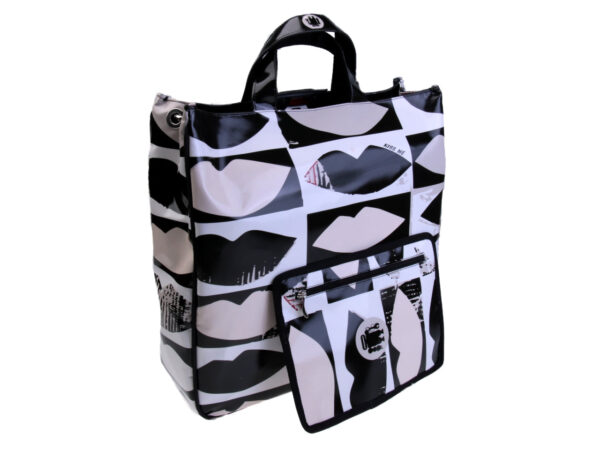 MAXI TOTE BAG BLACK, WHITE AND BEIGE COLOURS "KISS". MODEL AIRSTONE MADE OF LORRY TARPAULIN.