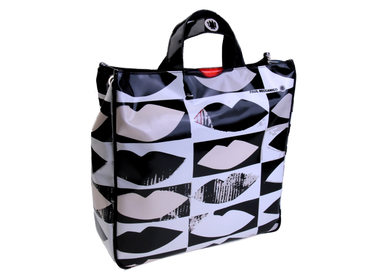 MAXI TOTE BAG BLACK, WHITE AND BEIGE COLOURS "KISS". MODEL AIRSTONE MADE OF LORRY TARPAULIN.
