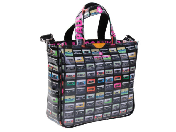 BLACK TOTE BAG "MUSIC CASSETTES". MODEL GLAM MADE OF LORRY TARPAULIN.