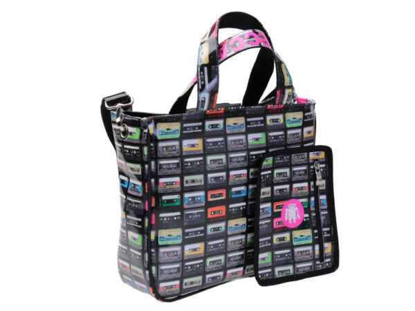 BLACK TOTE BAG "MUSIC CASSETTES". MODEL GLAM MADE OF LORRY TARPAULIN.