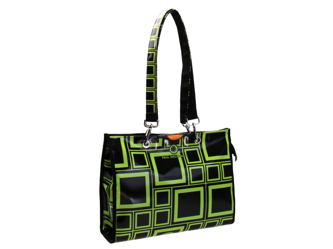 SHOPPER BAG BLACK AND GREEN WITH GEOMETRIC FANTASY. MODEL PEPE MADE OF LORRY TARPAULIN.