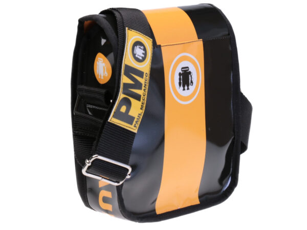 CROSSBODY BAG BLACK AND ORANGE. MODEL MIPOK MADE OF LORRY TARPAULIN.