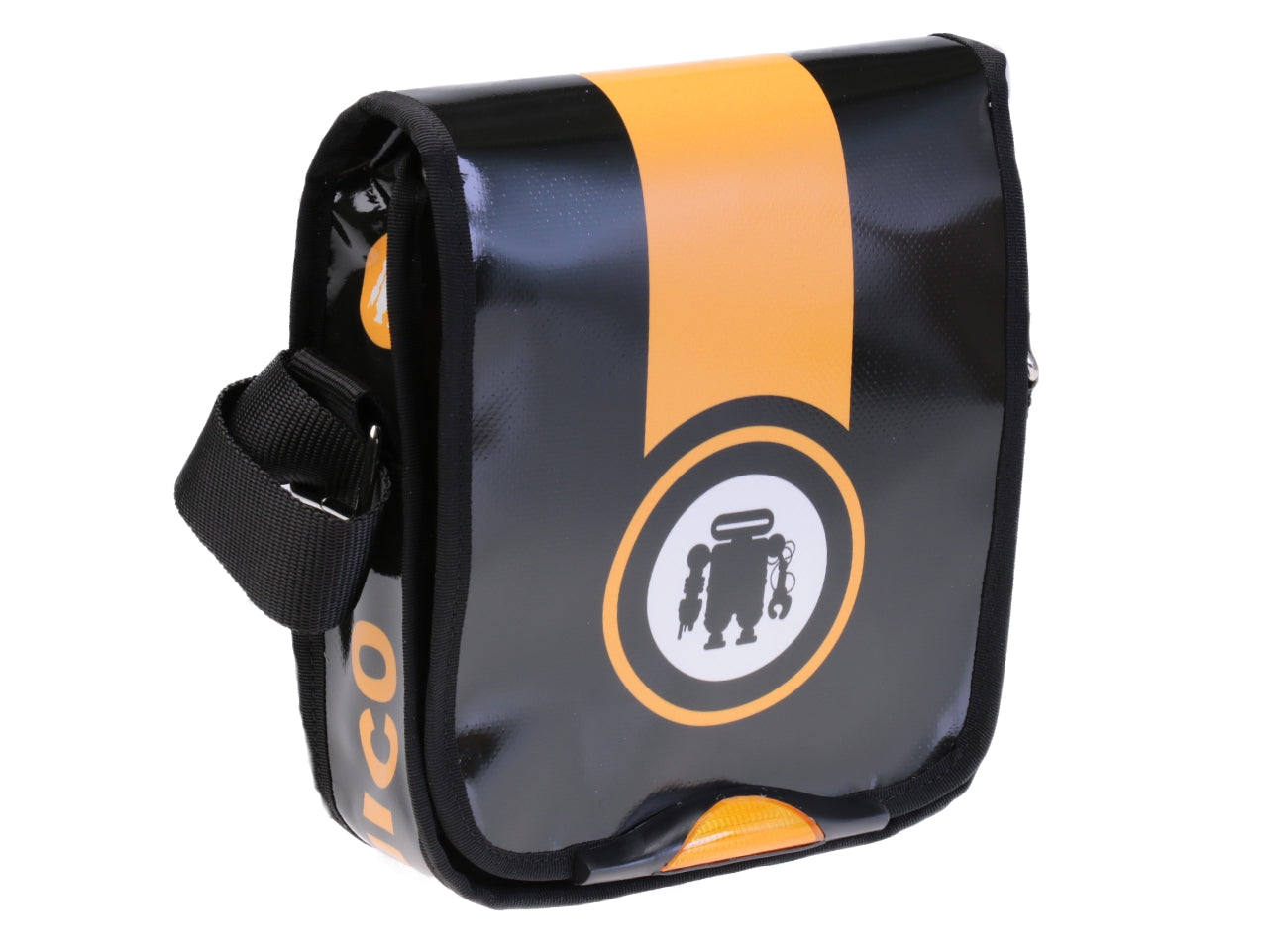 CROSSBODY BAG BLACK AND ORANGE. MODEL MIPOK MADE OF LORRY TARPAULIN.
