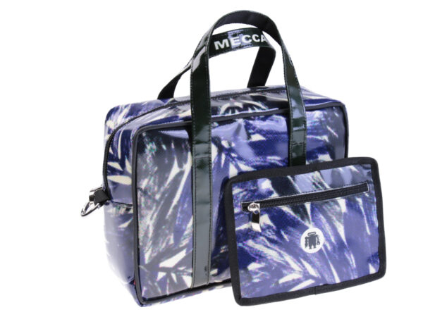 VIOLET RECTANGULAR WOMEN'S BAG WITH FLORAL FANTASY. MODEL PINCA MADE OF LORRY TARPAULIN.