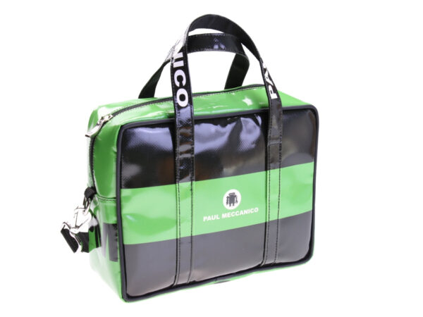....BLACK AND GREEN RECTANGULAR WOMEN'S BAG. MODEL PINCA MADE OF LORRY TARPAULIN.