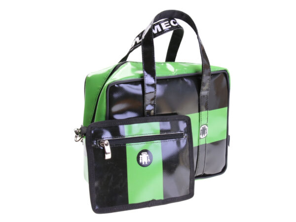 ....BLACK AND GREEN RECTANGULAR WOMEN'S BAG. MODEL PINCA MADE OF LORRY TARPAULIN.